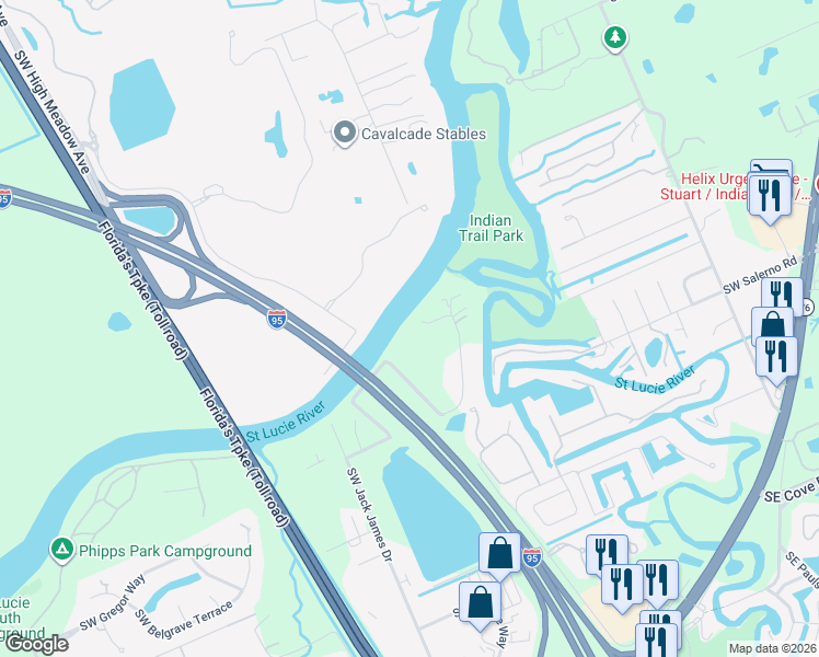 map of restaurants, bars, coffee shops, grocery stores, and more near 1039 Southwest Blue Water Way in Stuart