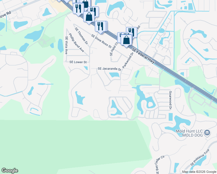 map of restaurants, bars, coffee shops, grocery stores, and more near 4094 Southeast Peppertree Street in Stuart