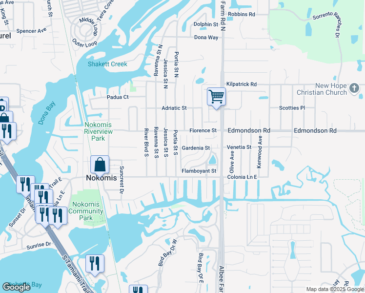 map of restaurants, bars, coffee shops, grocery stores, and more near 118 Gardenia Street in Nokomis