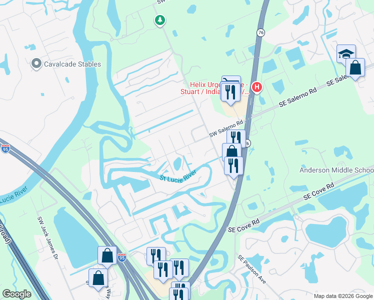 map of restaurants, bars, coffee shops, grocery stores, and more near 322 Southwest Salerno Road in Stuart