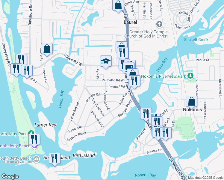 map of restaurants, bars, coffee shops, grocery stores, and more near 217 Pavonia Road in Nokomis