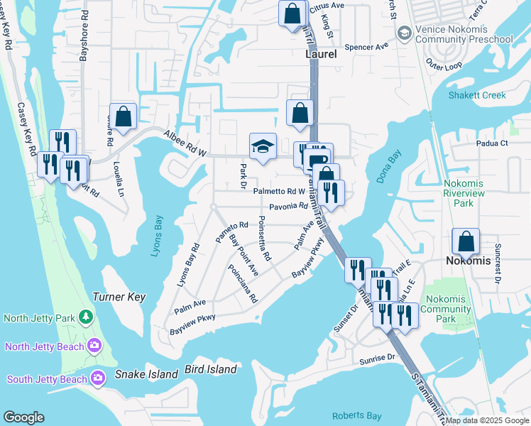 map of restaurants, bars, coffee shops, grocery stores, and more near 228 Pameto Road in Nokomis