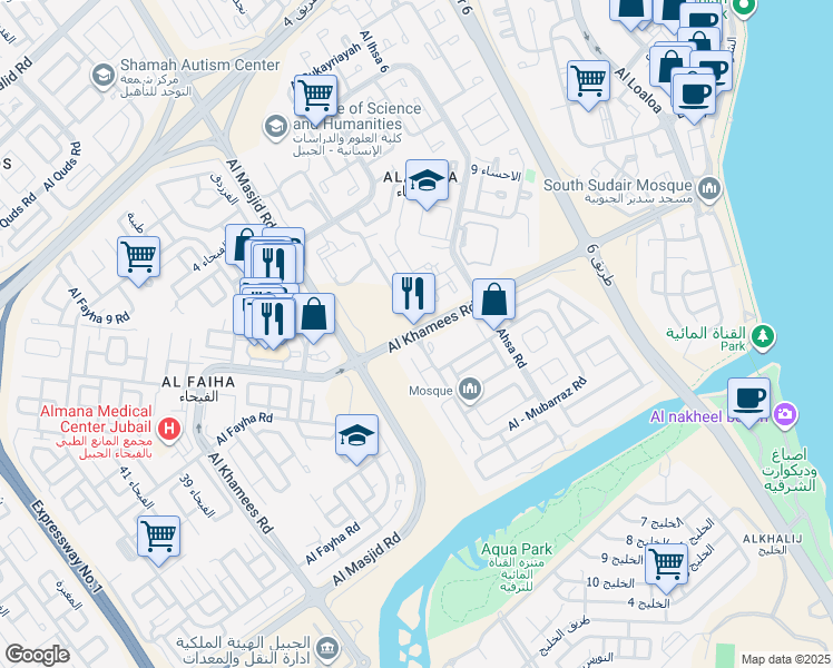 map of restaurants, bars, coffee shops, grocery stores, and more near Al Khamees Road in Al Jubayl