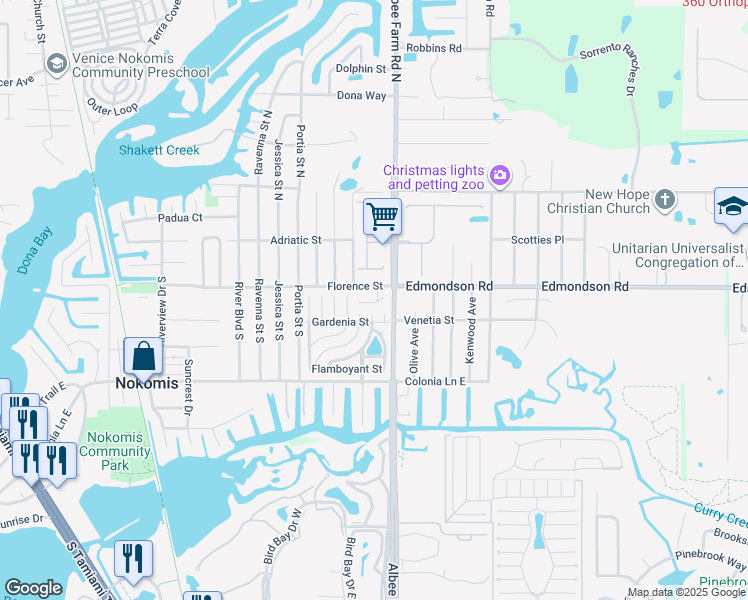 map of restaurants, bars, coffee shops, grocery stores, and more near 300 Albee Farm Road South in Nokomis