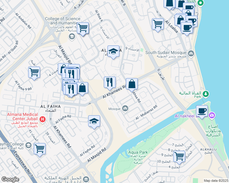 map of restaurants, bars, coffee shops, grocery stores, and more near Al Khamees Road in Al Jubayl