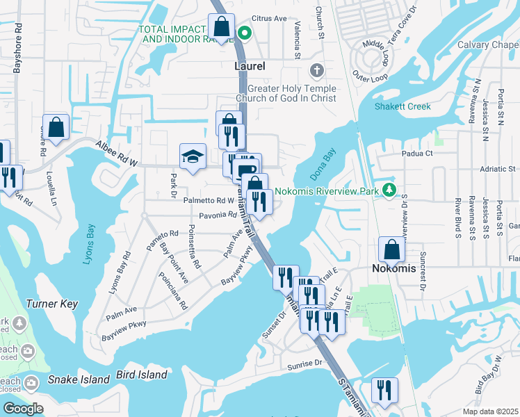 map of restaurants, bars, coffee shops, grocery stores, and more near 209 Palmetto Road East in Nokomis