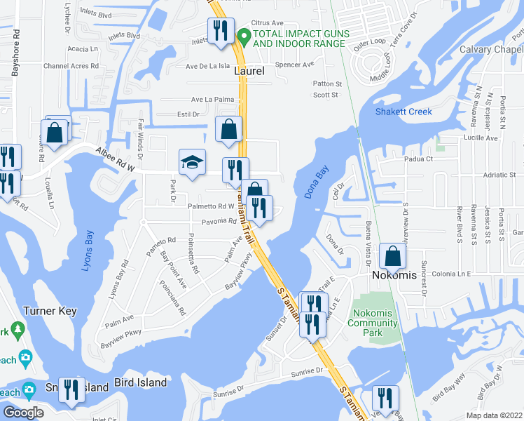 map of restaurants, bars, coffee shops, grocery stores, and more near 102 Palmetto Road East in Nokomis