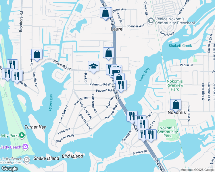 map of restaurants, bars, coffee shops, grocery stores, and more near 201 Palmetto Road West in Nokomis