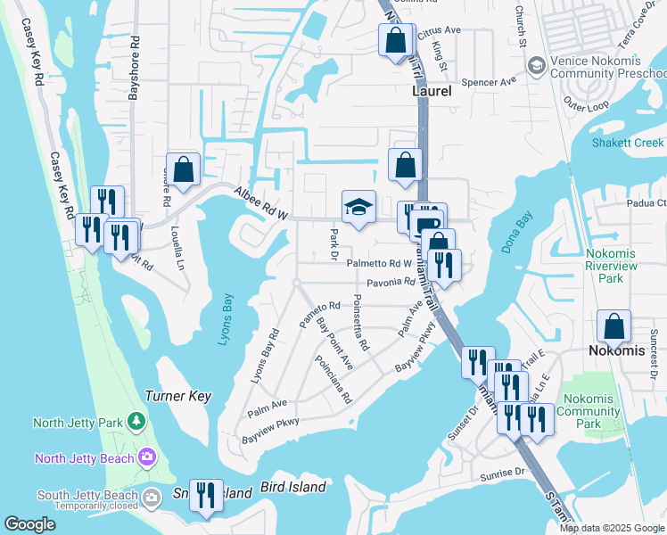 map of restaurants, bars, coffee shops, grocery stores, and more near 315 Palmetto Road West in Nokomis