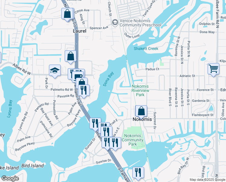 map of restaurants, bars, coffee shops, grocery stores, and more near 498 Buena Vista Drive in Nokomis