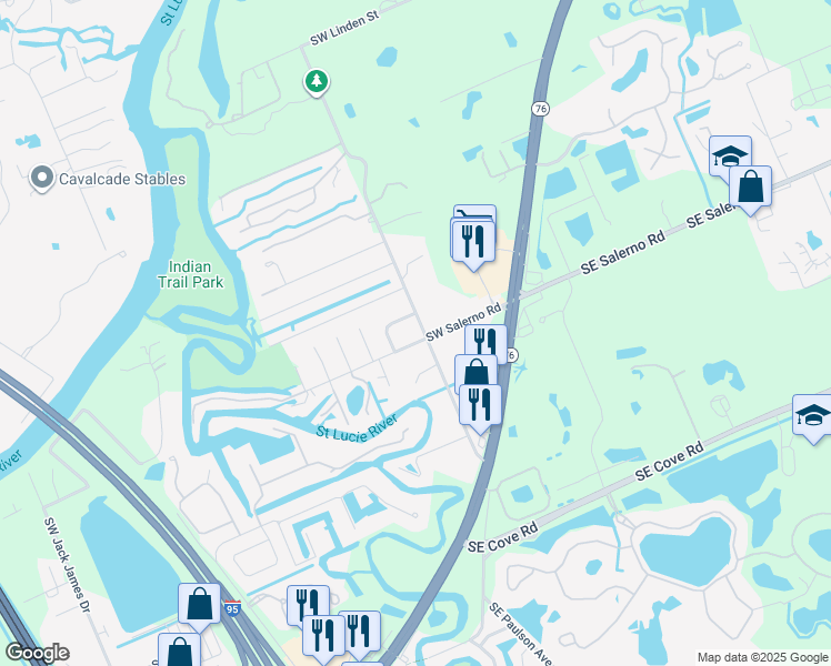 map of restaurants, bars, coffee shops, grocery stores, and more near 6750 Southwest Gaines Avenue in Stuart