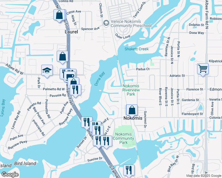 map of restaurants, bars, coffee shops, grocery stores, and more near 503 Ceil Drive in Nokomis