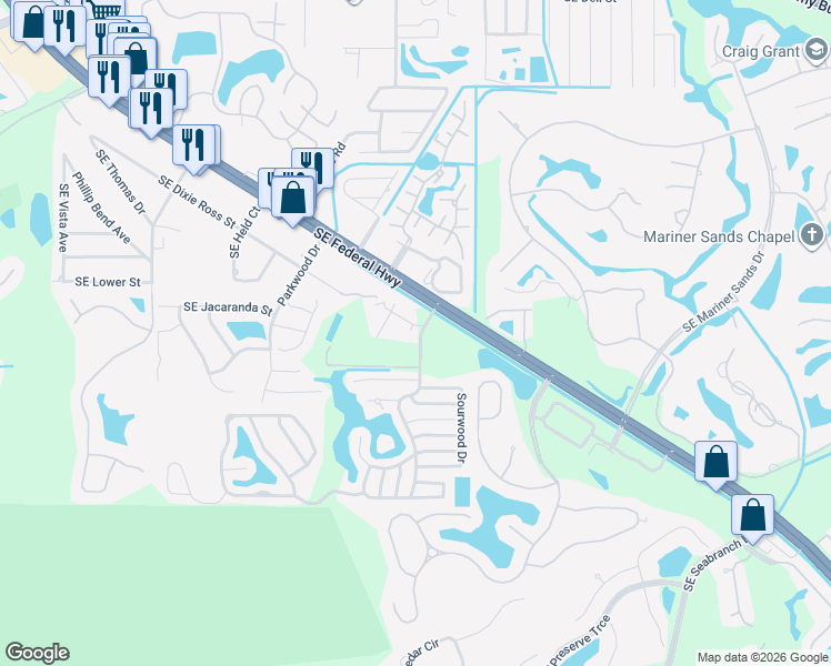 map of restaurants, bars, coffee shops, grocery stores, and more near 4752 Southeast Teri Place in Stuart
