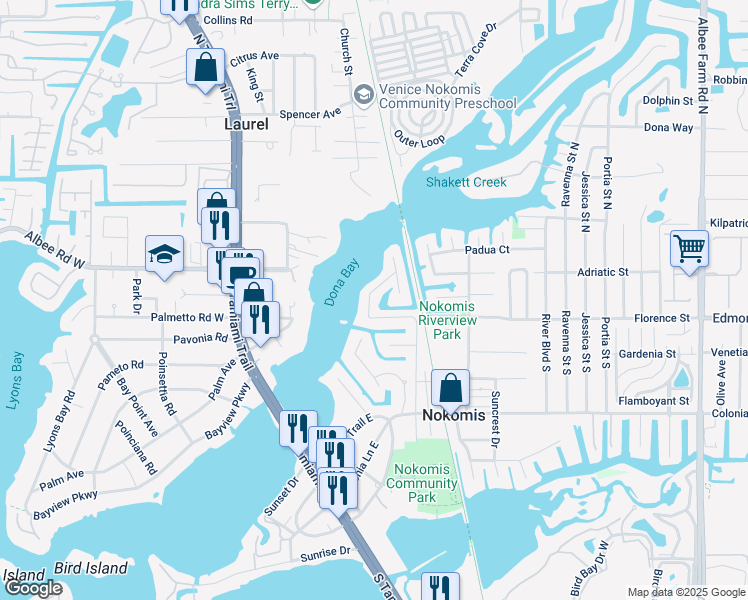 map of restaurants, bars, coffee shops, grocery stores, and more near 503 Ceil Drive in Nokomis
