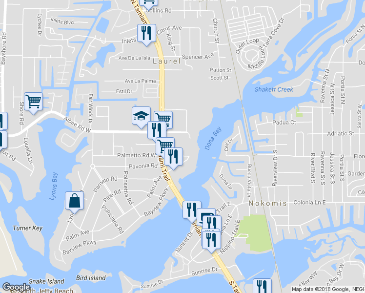 map of restaurants, bars, coffee shops, grocery stores, and more near 209 Palmetto Road East in Nokomis