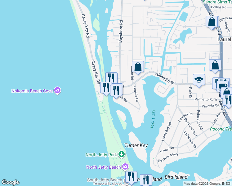 map of restaurants, bars, coffee shops, grocery stores, and more near 100 Circuit Road in Nokomis