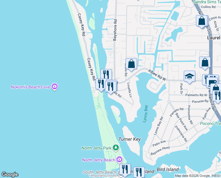 map of restaurants, bars, coffee shops, grocery stores, and more near 110 Circuit Road in Nokomis