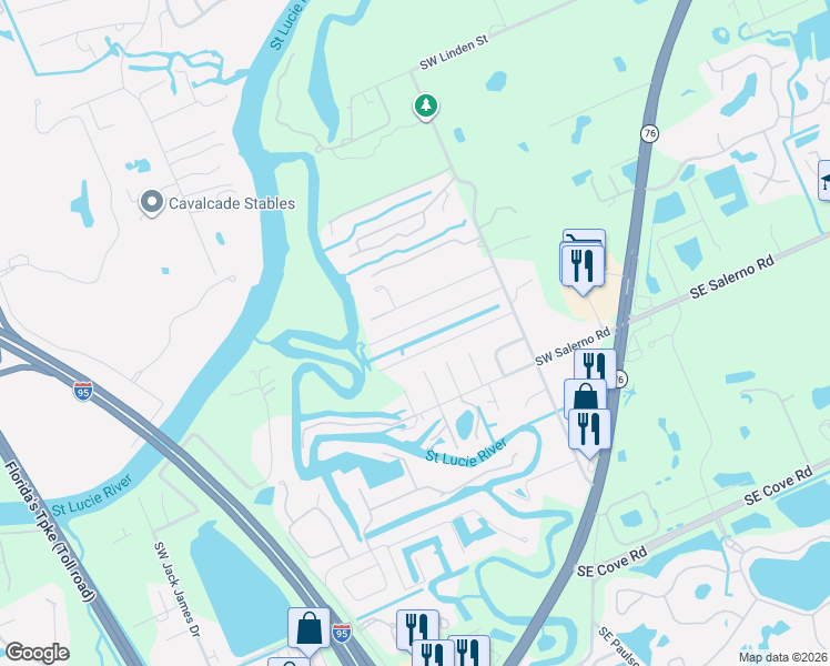map of restaurants, bars, coffee shops, grocery stores, and more near 495 Southwest Harbor Street in Stuart
