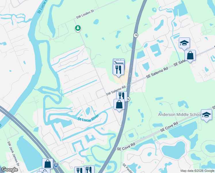 map of restaurants, bars, coffee shops, grocery stores, and more near 6655 Southwest Gaines Avenue in Stuart