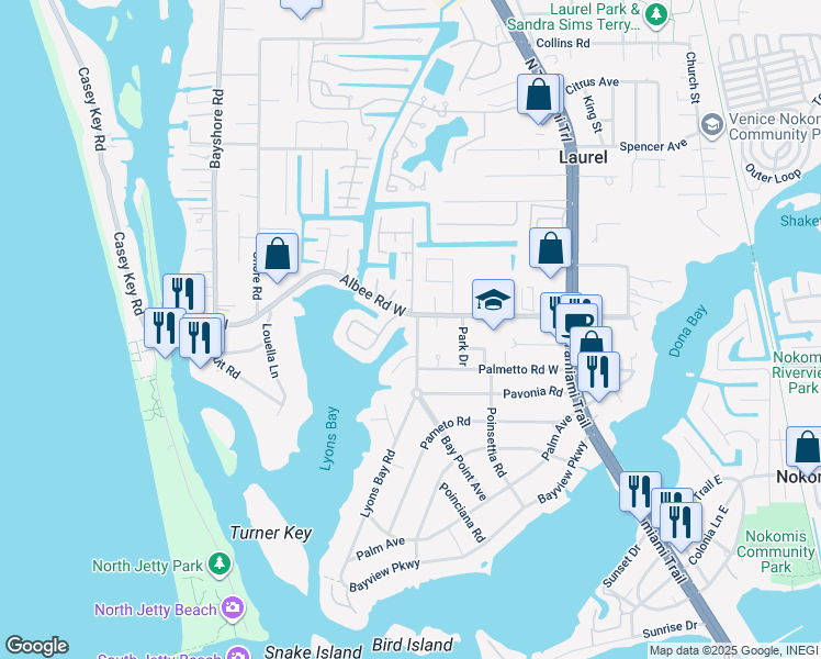 map of restaurants, bars, coffee shops, grocery stores, and more near 104 Lyons Bay Road in Nokomis
