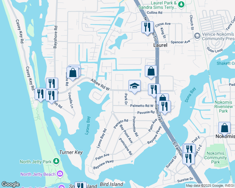 map of restaurants, bars, coffee shops, grocery stores, and more near 104 Lyons Bay Road in Nokomis