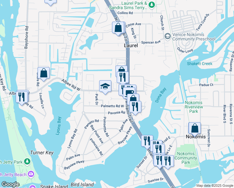 map of restaurants, bars, coffee shops, grocery stores, and more near 227 Albee Road West in Nokomis