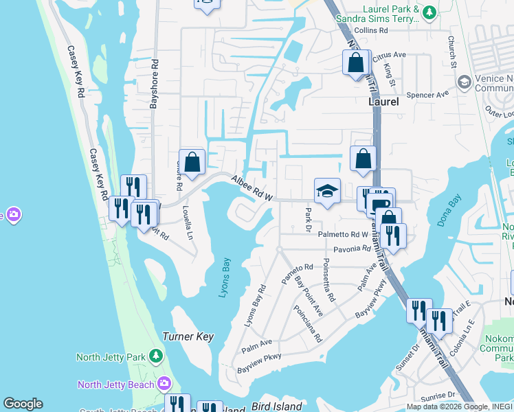 map of restaurants, bars, coffee shops, grocery stores, and more near 104 Bayview Drive in Nokomis