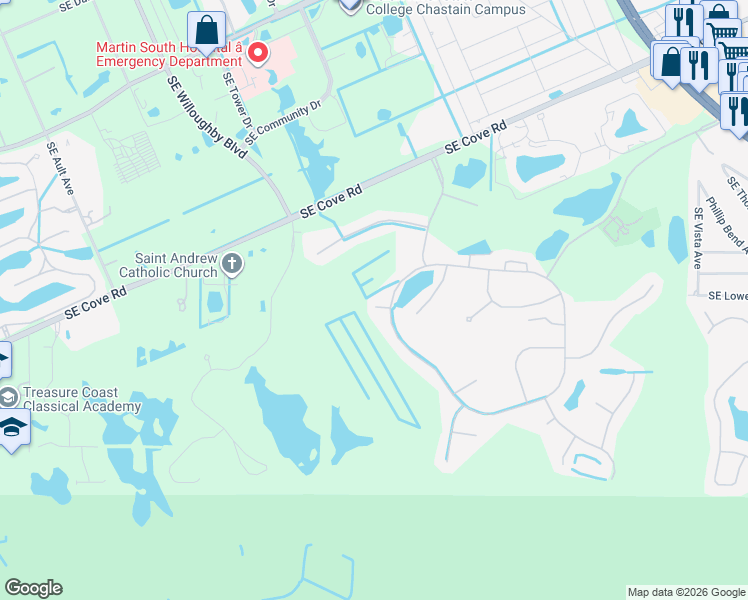 map of restaurants, bars, coffee shops, grocery stores, and more near 2679 Southeast Castle Pine Place in Stuart