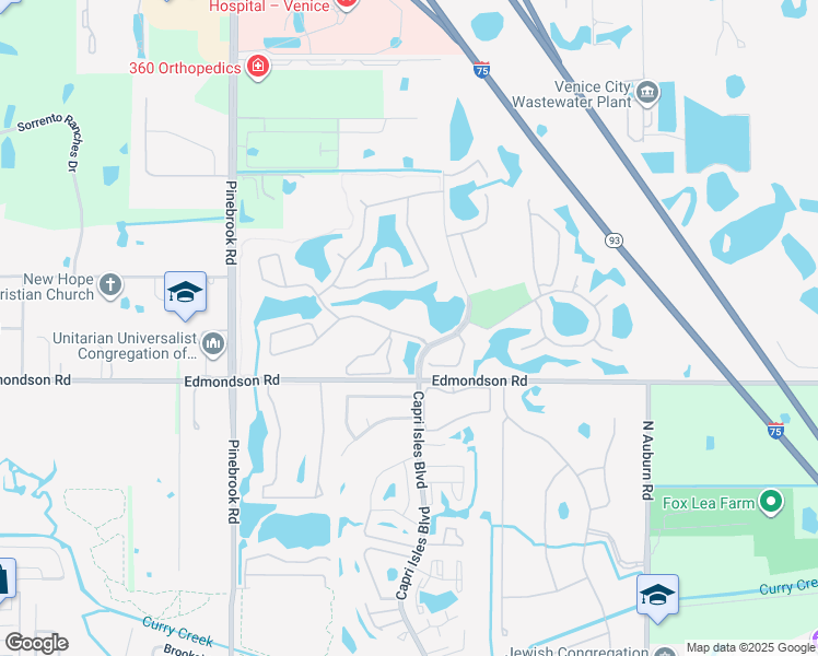 map of restaurants, bars, coffee shops, grocery stores, and more near 1505 Waterford Drive in Venice