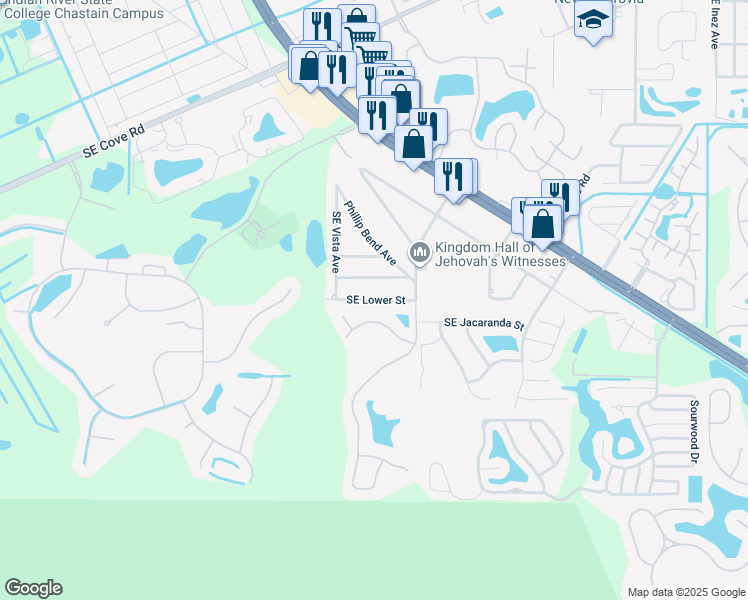 map of restaurants, bars, coffee shops, grocery stores, and more near 3748 Southeast Lower Street in Stuart