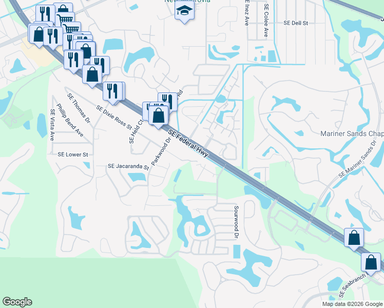 map of restaurants, bars, coffee shops, grocery stores, and more near 6536 Southeast Federal Highway in Stuart