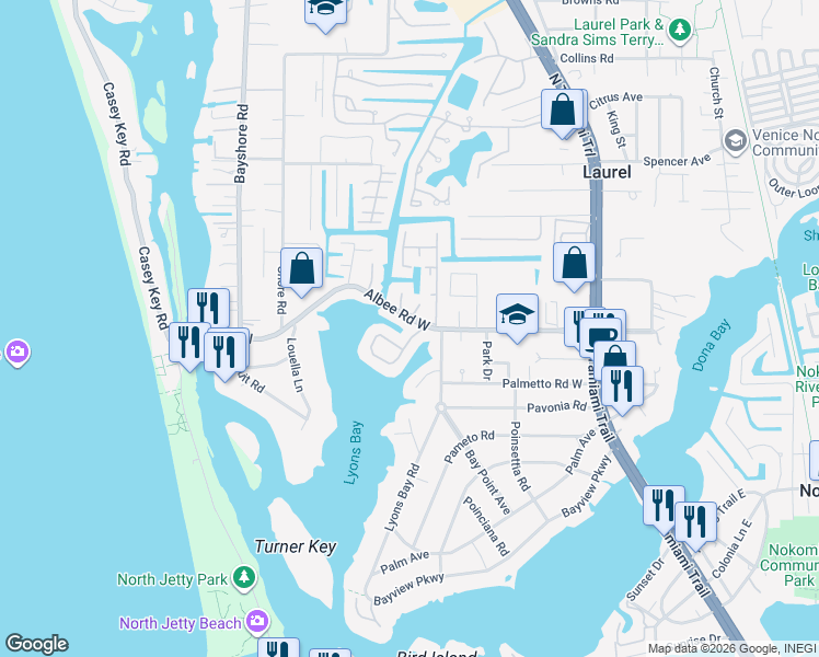 map of restaurants, bars, coffee shops, grocery stores, and more near 104 Bayview Drive in Nokomis