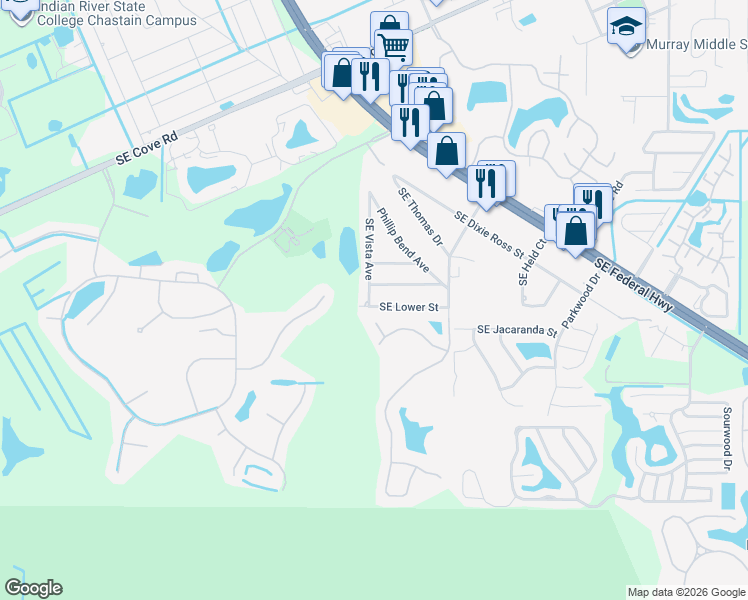 map of restaurants, bars, coffee shops, grocery stores, and more near 3652 Southeast Lower Street in Stuart