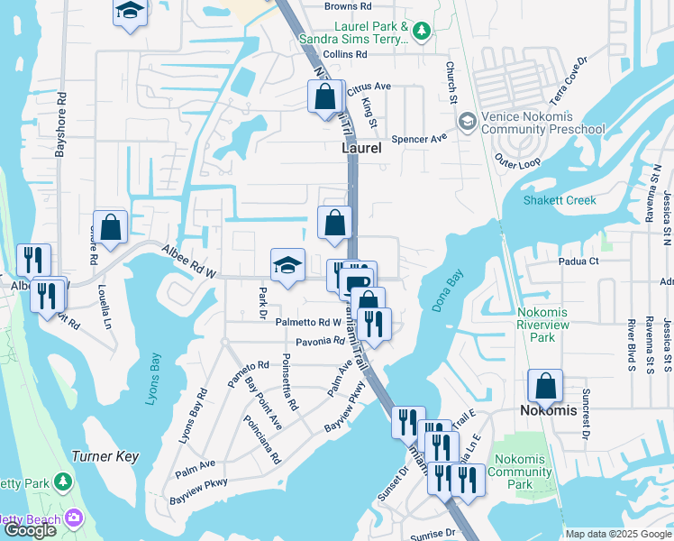 map of restaurants, bars, coffee shops, grocery stores, and more near 101 North Tamiami Trail in Nokomis