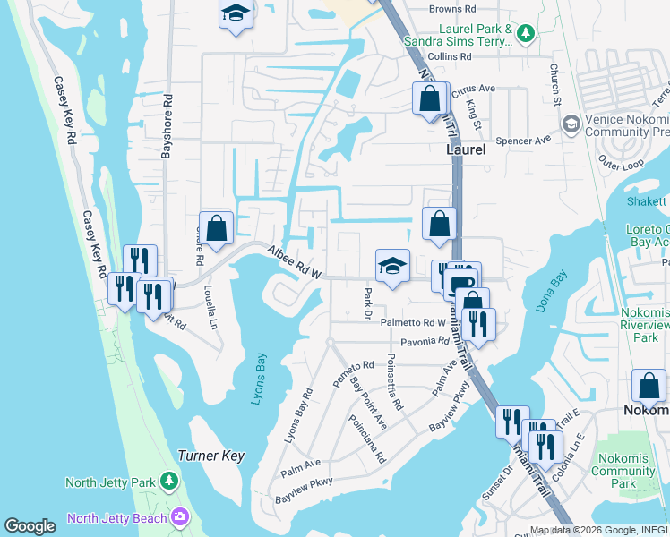 map of restaurants, bars, coffee shops, grocery stores, and more near 178 Sunaire Terrace in Nokomis