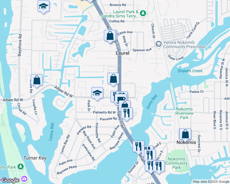 map of restaurants, bars, coffee shops, grocery stores, and more near 111 North Tamiami Trail in Nokomis