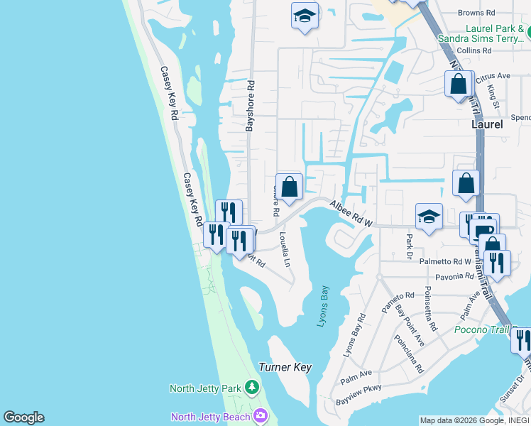 map of restaurants, bars, coffee shops, grocery stores, and more near 120 Bayshore Road in Nokomis