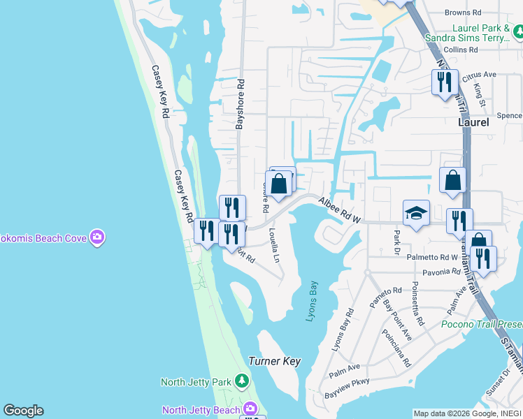 map of restaurants, bars, coffee shops, grocery stores, and more near 720 Albee Road West in Nokomis