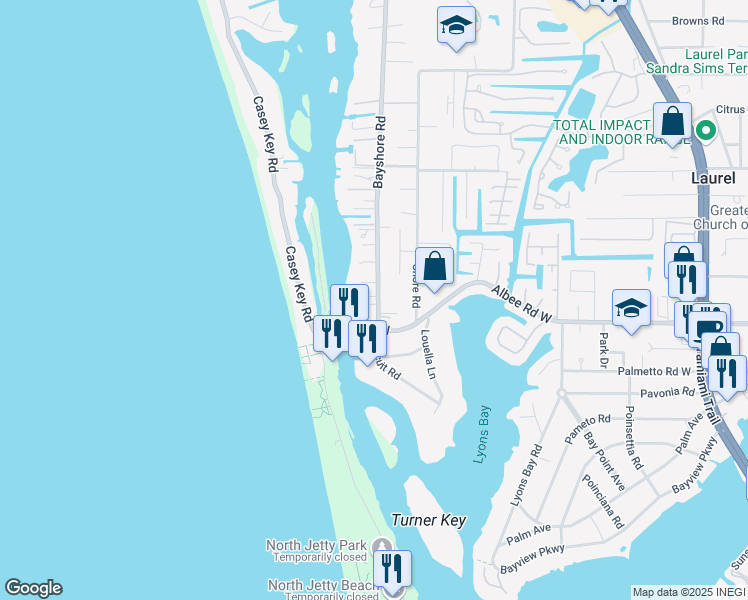 map of restaurants, bars, coffee shops, grocery stores, and more near 111 Bayshore Road in Nokomis