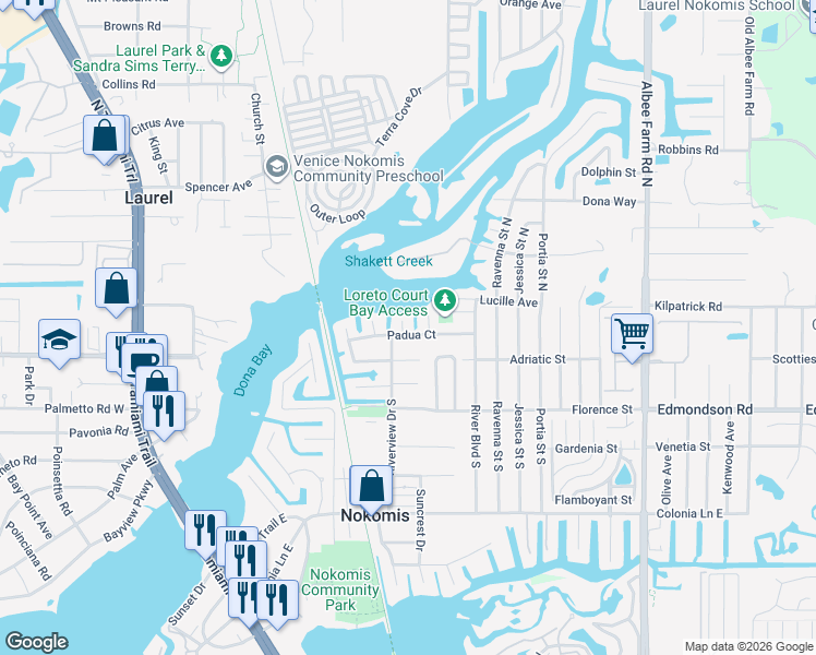 map of restaurants, bars, coffee shops, grocery stores, and more near 702 Padua Court in Nokomis