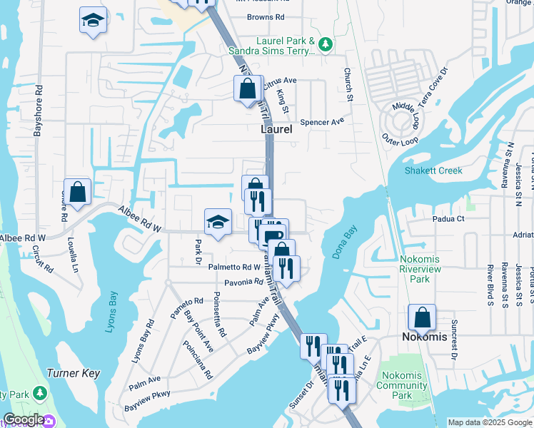 map of restaurants, bars, coffee shops, grocery stores, and more near 101 North Tamiami Trail in Nokomis