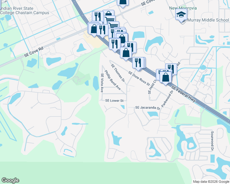 map of restaurants, bars, coffee shops, grocery stores, and more near 3775 Southeast Middle Street in Stuart