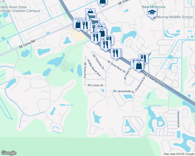 map of restaurants, bars, coffee shops, grocery stores, and more near 3775 Southeast Middle Street in Stuart
