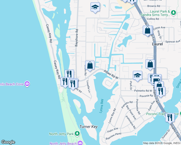 map of restaurants, bars, coffee shops, grocery stores, and more near 720 Albee Road West in Nokomis