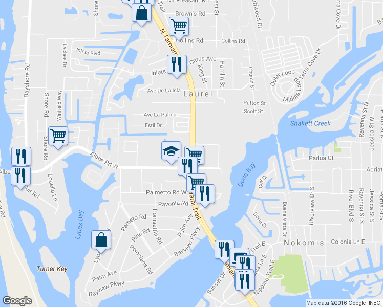 map of restaurants, bars, coffee shops, grocery stores, and more near 111 N Tamiami Trail in Laurel