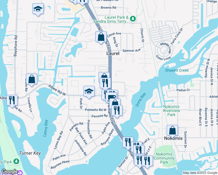 map of restaurants, bars, coffee shops, grocery stores, and more near 111 North Tamiami Trail in Nokomis