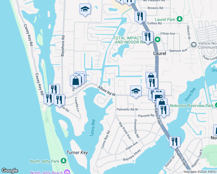 map of restaurants, bars, coffee shops, grocery stores, and more near 217 Fair Winds Drive in Nokomis