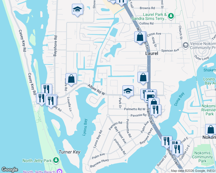 map of restaurants, bars, coffee shops, grocery stores, and more near 178 Sunaire Terrace in Nokomis