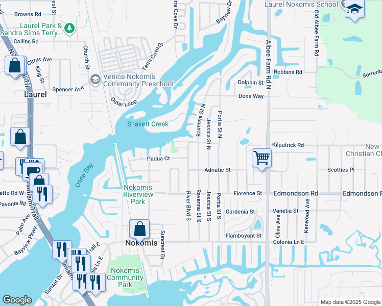 map of restaurants, bars, coffee shops, grocery stores, and more near 116 River Boulevard North in Nokomis