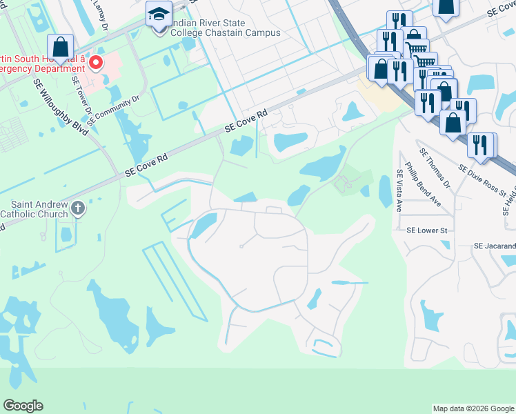 map of restaurants, bars, coffee shops, grocery stores, and more near 6555 Southeast Twin Oaks Circle in Stuart